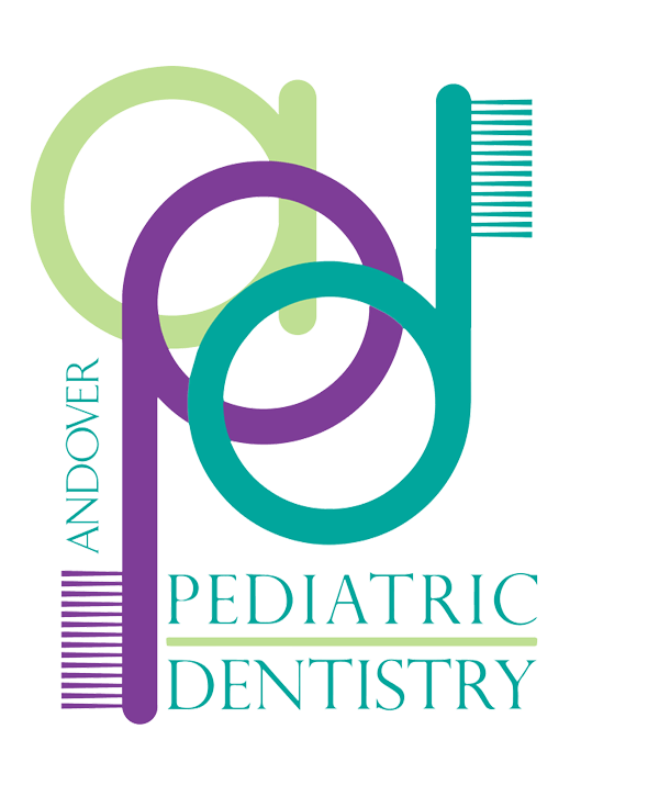 Light green, purple and teal Andover Pediatric Dentistry logo, where the P and D form toothbrushes